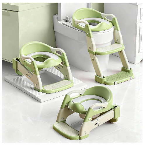 Soluxeo 3-In-1 Potty Training Seat, Adjustable and Foldable Step Stool with Safety Harnes, Upgrade Toddler Toilet Seat for Kids Boys Girls, Green