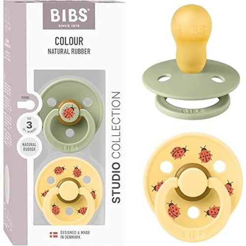 BIBS Studio Soother 2-Pack, BPA Free Dummy Pacifier, Round Nipple. Natural Rubber Latex, Made in Denmark, Size 3 (18+ Months), Sage/Pale Butter