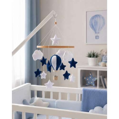 Navy Blue Baby Mobile, Hot Air Balloon Crib Mobile, Nursery Mobile Boy, Felt Baby Mobile, Neutral Nursery Decor, Baby Shower Gift