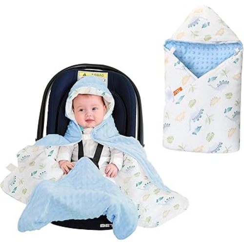 LAT LEE AND TOWN Winter Baby Car Seat Blanket-Universal CarSeat Covers for Babies,Thicken Warm Swaddle Blankets for Infants Newborn,Baby Bunting for Stroller,35"x35"(Leaves Dinosaur+Blue)
