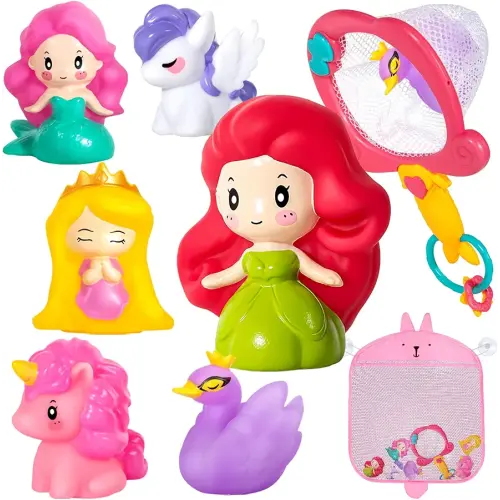 No Hole Bath Toys for Kids Ages 1-3, 8 Pcs Girl Bath Toys with Storage and Net, Sealed & Squeezable & Float on Water