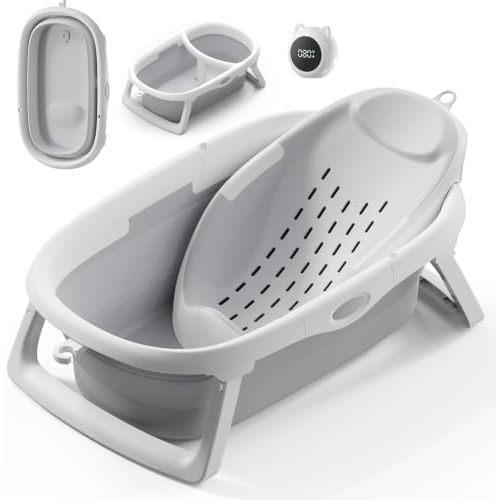 CheerTry 4-in-1 Collapsible Baby Bathtub for Newborn & Toddler 0-24M (Grey)