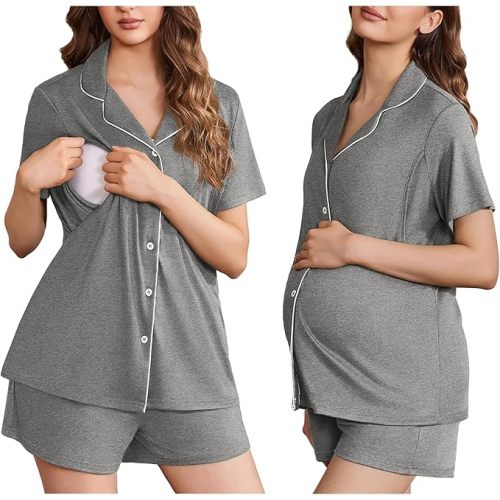 Ekouaer Women's Maternity Nursing Pajama Sets Button Down Postpartum Pajamas Short Sleeve Breastfeeding Clothes
