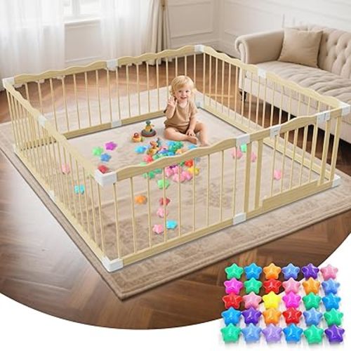 Wooden Baby Playpen - 65"×65" Wave Design Playpen for Babies and Toddlers - 30 Ocean Balls Included Safety-Certified Indoor&Outdoor Wood Fence - Easy to Assemble Play Yard