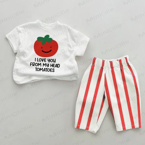 I LOVE YOU FROM MY HEAD TOMATOES Baby Red Vertical Striped 2-piece Set