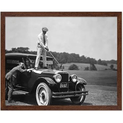 Poster Master Vintage Photograph Poster - Retro Funny Print - Gift for Artist, Friend - Golfer on Top of Antique Car, Athlete, Man, Sport - Wall Decor for Home, Office, 8x10 Brown Framed