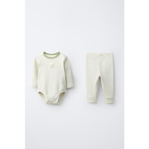 STRIPED EMBROIDERED BODYSUIT AND LEGGING SET - Light green | ZARA United States
