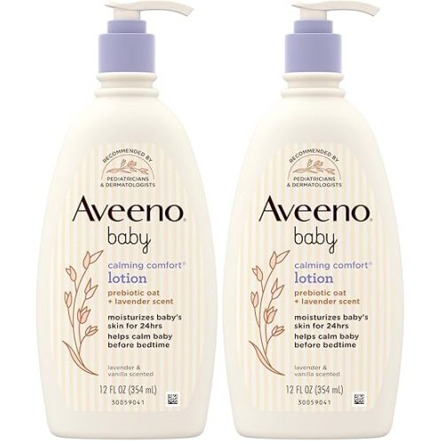 Aveeno Baby Calming Comfort Moisturizing Body Lotion with Relaxing Lavender & Vanilla Scents, Non-Greasy Baby Lotion, Nourishing Prebiotic Oatmeal, & No added parabens 12 fl. oz (Pack of 2)