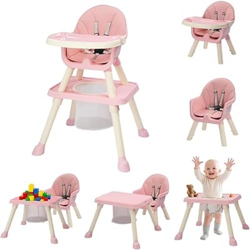 JOYMOR 7 in 1 High Chair for Babies and Toddlers, Convertible Kids Learning Table and Chair with Large Baske for Storage (Pink)