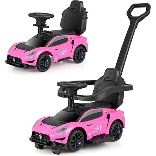 OLAKIDS 3 in 1 Ride on Push Car, Licensed Maserati Baby Sliding with Removable Parent Control Handle, Universal Wheels, Safe Guardrails, Toddlers Walking Toy with Music, Under Seat Storage (Pink)