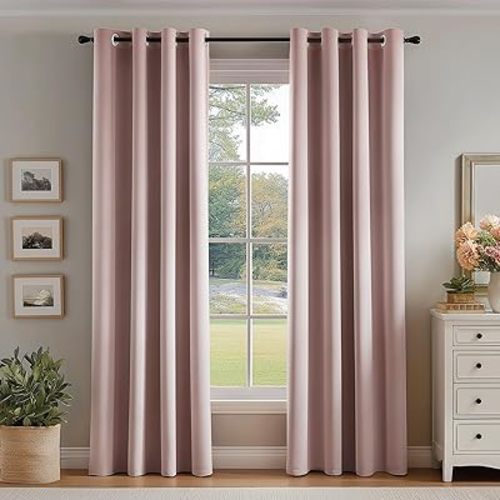 FMFUNCTEX 100% Blackout Curtains for Bedroom, Blush Pink Curtains 63 Inches Long Textured Thermal Insulated Curtains for Living Room Drapes, Black Out Drapery Grommet Room Darkening 2 Panels