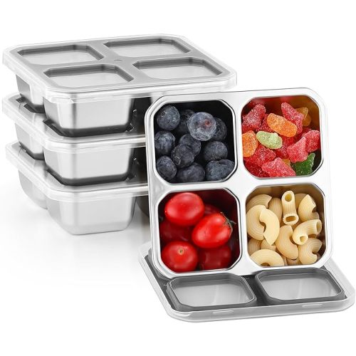 BEFOY 4 Pack Stainless Steel Snack Containers with Lids 4 Compartment Food Storage Containers for Adults & Kids Meal Prep Containers Reusablele (Gray, 4)