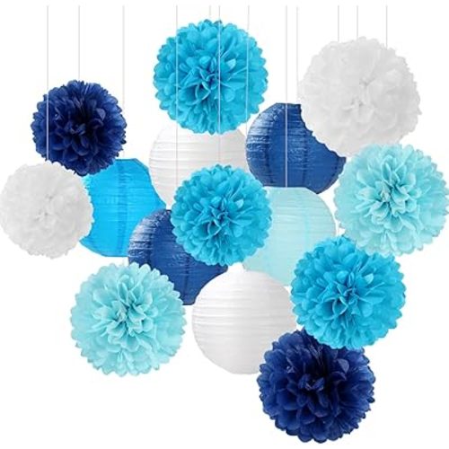 Blue-White Birthday Party-Decorations Paper-Flowers Lanterns - 15PCS Light Royal Tissue Pom Poms Streamers,Classroom Ocean Themed Baby Bridal Shower Bachelorette Wedding Hanging Supplies Decor Hugfond