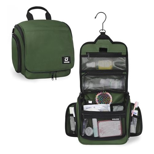 Hanging Toiletry Bag, 10 Compartments Water-Resistant Makeup Bag with 360° Spinning Metal Hook, Large Travel Cosmetic Organizer for Men & Women, Green (7.05oz)