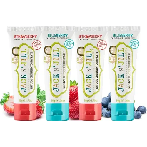 Jack N' Jill Natural Kids Toothpaste - Blueberry & Strawberry - Organic, Gluten Free, Vegan, BPA Free, Fluoride Free, SLS Free, Dairy Free - Making Toothbrushing Fun for Kids - 1.76 oz (Pack of 4)
