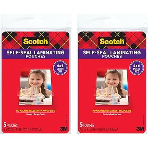 Scotch Self-Sealing Laminating Pouches, Photo Size (4-3/8" x 6-3/8"), Glossy, 10-Pack (2 Packs of 5)