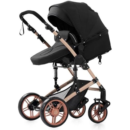 Premium 2 in 1 Reversible Bassinet Stroller with Triangular Stability Frame & Front-Wheel Spring Suspension, Compact One-Click Fold(Gold&Black)