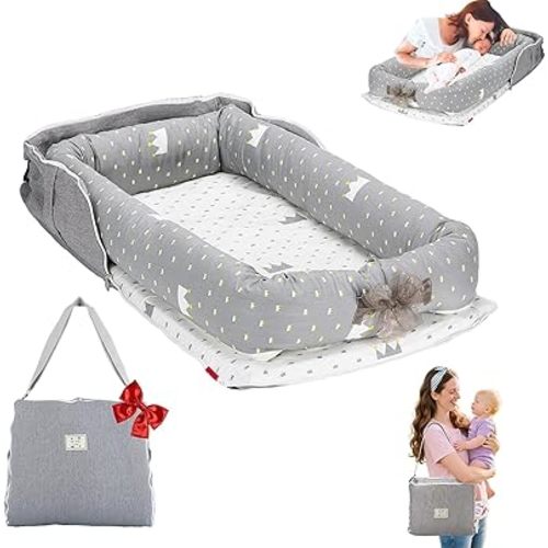 Baby Lounger for Newborn-Portable Baby Lounger 0-24 Months for Home and Travel,Newborn Loungers with Strap, Baby Nest Lounger Adjustable Size,Crown Grey