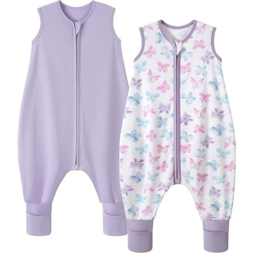 Toddler Sleep Sack with Feet 2-3T 0.5 Tog Sleep Sack with Legs Toddler Wearable Blanket with Feet Cotton Walker Sleep Sack 2-Way Zipper Purple Butterfly