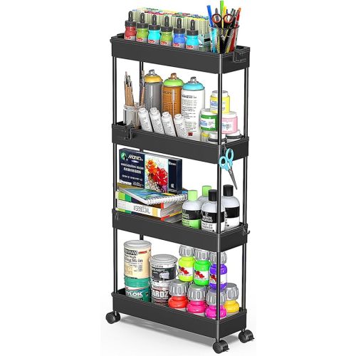 SPACEKEEPER Slim Rolling Storage Cart 4 Tier Bathroom Organizer Cart Mobile Shelving Unit Slide Out Utility Cart for Kitchen, Bthroom, Makeup, Craft, Laundry Narrow Places, Black