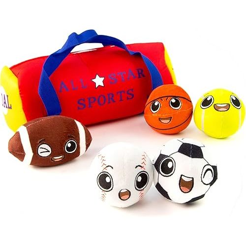 My First Sports Bag with 5 Plush Sports Balls - Rattle Ball with Sound - Sensory Toys for 1 Year Old - Toys for Toddler - Rattles Gift for 1 Year Old