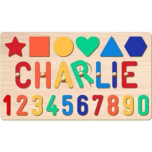 Name Puzzle for Kids Personalized, Wooden Shapes Name Puzzles for Toddlers 1-3, Engraved Text Greetings on Back, Custom Baby 1st Birthday Gifts for Girl&Boy, Kids Sensory Toys (Numbers Name Puzzle)
