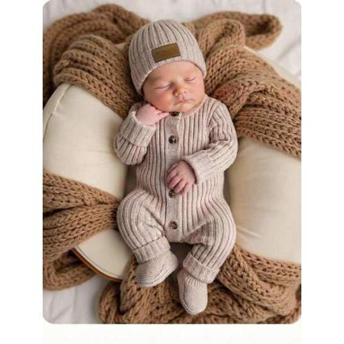 SHEIN Cozy Long Sleeve Newborn Button-Up Jumpsuit In Soft Striped Fabric Knit Outfit Boy Photoshoot Neutral Baby Clothes Sweater Romper Fall/Winter | SHEIN USA
