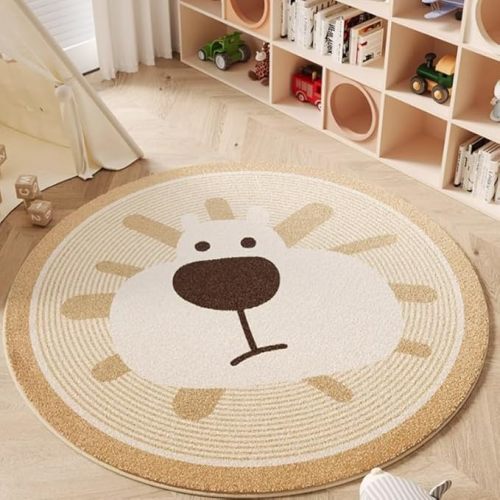 Poowe Cute Animals Kids Room Rug,47.2" Round Washable Area Rugs Nursery Rug for Baby Boys Girls Play Mat Floor Carpet Non Slip Soft Rugs for Living Room Bedroom Playroom Classroom-Brown Lion
