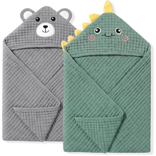 4 PCS Muslin Baby Bath Towels Set, 100% Cotton 2 PCS Animal Hooded Baby Towels 32x32 Inch & 2 PCS Washcloths, Ultra Absorbent & Soft Infant Newborn Essentials Gifts for Boys & Girls, Dinosaur & Bear