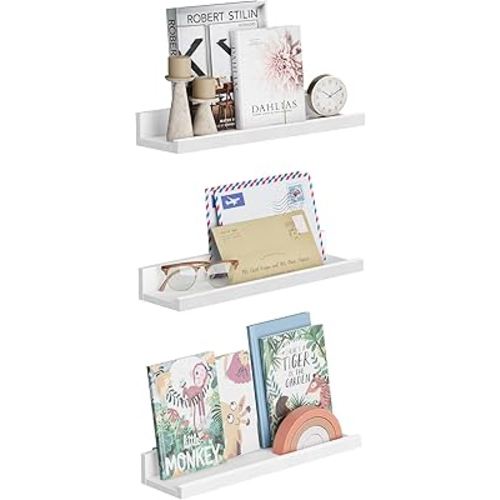 SONGMICS Floating Shelves, Set of 3 Wall Shelves, 15-Inch Wide, for Photo Frames and Trinkets, for Living Room, Home Office, Kitchen, Bathroom, White ULWS38WT