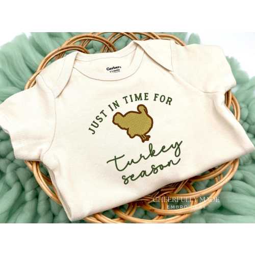 Embroidered Just in Time for Turkey Seaon, Turkey Hunting ONESIES® Brand, Pregnancy Announcement to Husband, Hunting Baby Announcement