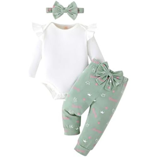 GDTOGRT Newborn Baby Girl Clothes Outfit Set Sweet Ruffle Romper, Pants and Headband 0 3 6 9 12 18 Months Infant Clothing