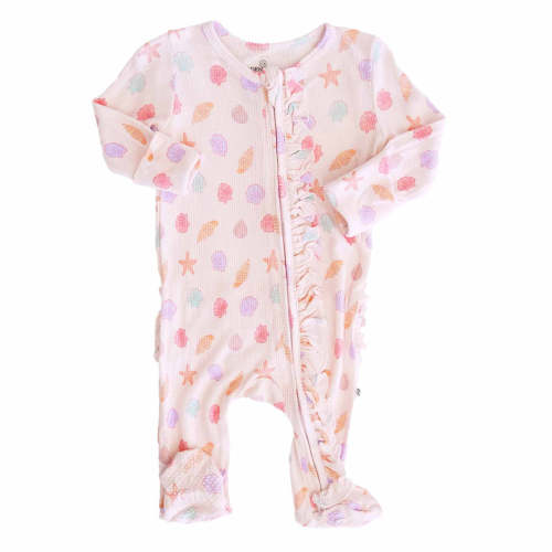 Saltwater Shells Bamboo Waffle Ruffle Zipper Footie