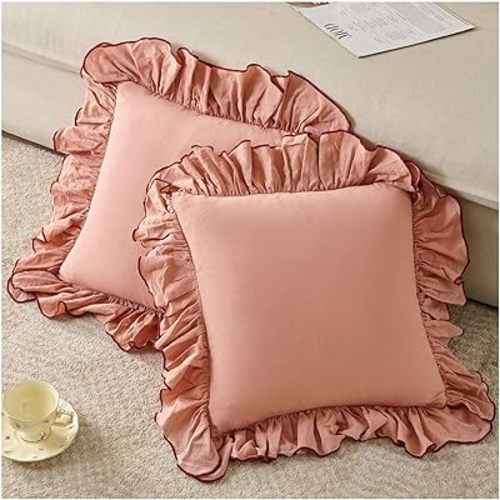 Zealax Salmon Pink Gorgeous Ruffle Throw Pillow Covers 18x18 Inch, Chic Washed Cotton Pillow Cases Decorative Vintage Pillow Shams Cushion Cover for Bed Couch Living Room Farmhouse Decor, Set of 2
