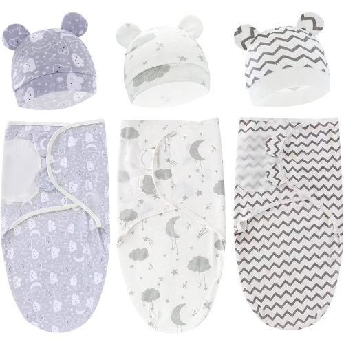 Exemaba Baby Swaddle Sleep Sack with Hat Set for 0-3 months 3-Pack Soft Cotton Newborn Wearable Swaddle Wrap for Girls Boys