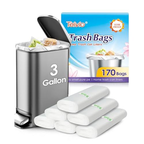 3 Gallon 170 Counts Small Trash Bags 3 Gallon 3.1 Gallon 3.2 Gallon fit 10 liter Garbage Bags by Teivio, Waste Basket Bags,Bathroom Trash Can Bin Liners, Plastic Bags for home office kitchen, Clear