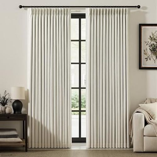IVAPUPU Natural Pinch Pleated 100% Blackout Linen Curtains 90 Inch Length for Bedroom, Black Out Pinch Pleat Curtains for Living Dining Room Darkening Thermal Insulated Drapes with 16 Hooks, 2 Panels
