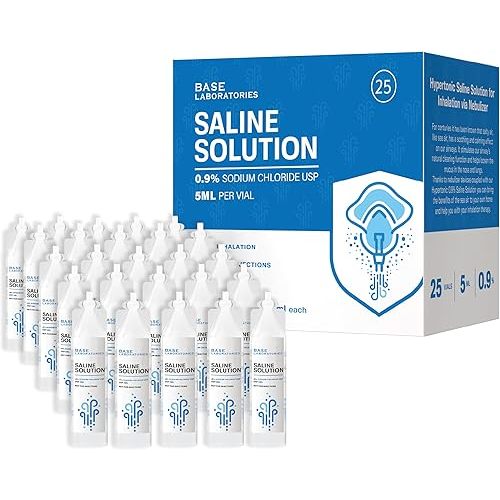 BASE LABORATORIES 0.9% Saline Solution for Nebulizer Machine | Saline Solution for Inhalation & Nasal Irrigation | 0.9% Concentration l 25 Vials 5ml Unit Dose