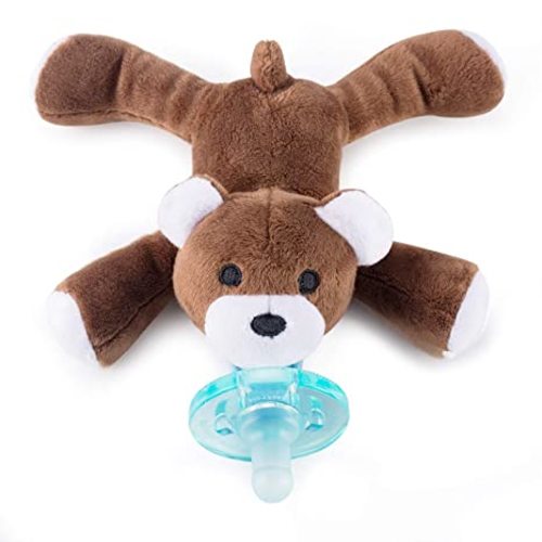 Baby Pacifier Holder Detachable Binky Plush Stuffed Animal Toy BPA Free for Newborn Boy Girl + Soothie Case + Gift Box (Bear)