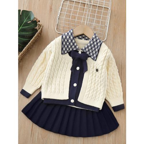 1-2yrs 2pcs 'nitted Skirt Set with Twist Cardigan & Pleated Skirt - Navy Blue & White Striped Outfit with Plaid Lapel Collar & Bow Tie, Soft Warm Winter Clothes for Christmas, New Year, School Events - Cute Elegant Casual Attire (Regular Fit, Knit