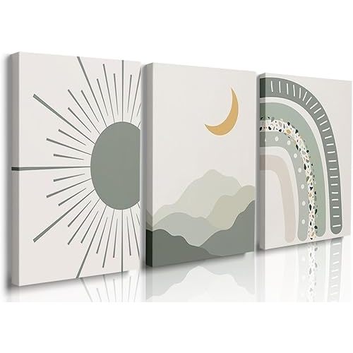 igno Boho Nursery Print Set of 3,Sun Rainbow Moon Baby Room Posters,Sage Green Wall Art Celestial Bedroom Kids Room Wall Art Decor, Abstract Art Prints,Mid Century Mountain Art for Home Decor 12"x16"