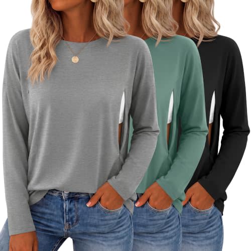 3 Pack Nursing Breastfeeding Tops | Maternity Shirts, Long Sleeve Oversize Tees, Nursing Hidden Zipper Clothes, Knit Pregnancy Postpartum, Fall Basic Shirts