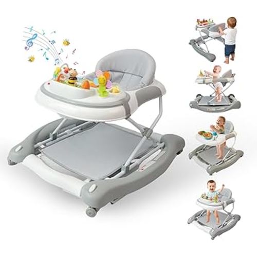 5 in 1 Baby Walker, Music and Lights Walker for Baby Boy Girls 6-12 Months, Foldable Baby Walkers with Wheels and Bouncer Combo Portable, Toddler Infant Walker with Adjustable Height