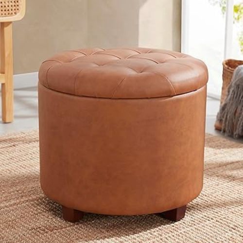 Ornavo Home Decor Round Ottoman with Storage, Round Vanity Chair Stool Ottoman Pouf with Storage for Living Room and Bedroom, Faux Leather Cognac