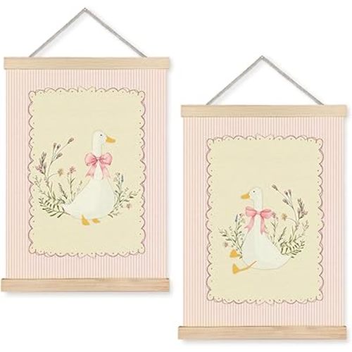 Nipil Pink Floral Coquette Goose Poster Hanger Frame, Preppy Pink Bow Cute Goose Floral Aesthetic Hanging Canvas Framed Wall Art Decor for Girls Room Nursery Playroom, 12x16 Inch Set of 2