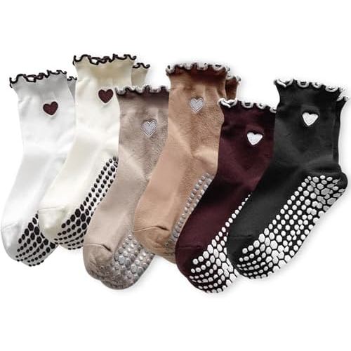 Grip Socks Pilates,4/6Pairs Cotton Cute Pilates Socks for Women, Ruffle Grippy Sock for Yoga Barre Hospital 5-10in