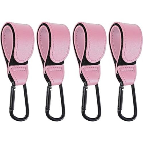 4 Pcs Leather Stroller Hook, Mommy Stroller Clip, Stroller Accessories Organizer Hook, Metal Hook for Strollers/Walkers/Mobility Scooter/Wheelchair/Rollator(Pink)
