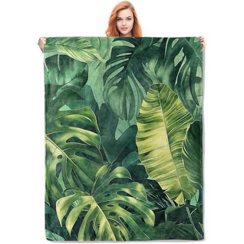 Leaf Blanket Gifts for Women Girls Soft Warm Lightweight Cozy Plush Tropical Green Plant Monstera and Banana Leaves Throw Blankets for Bedroom Living Room Sofa Home Decor 60"x50"