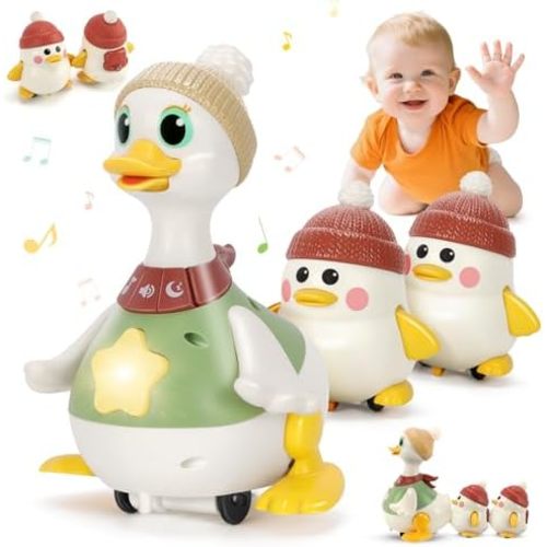 Baby Toys 6 8 10 12 Months, Tummy Time Duck Toy, Musical Dancing Duck Set with Lights & Sounds, Crawling and Interactive Sensory Learning Toy for Infants, Toddlers Gift for 1 Year Old Boy