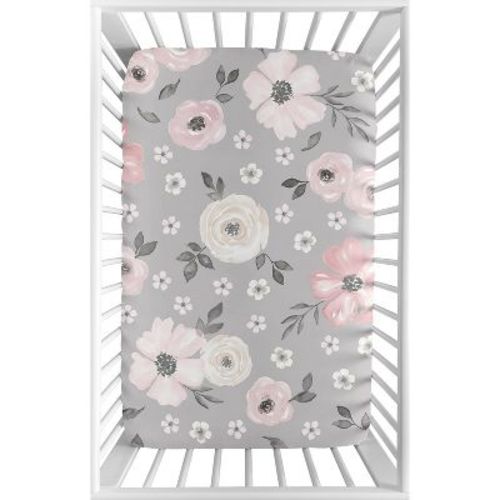 Sweet Jojo Designs Girl Baby Fitted Mini Crib Sheet Watercolor Floral Grey and Pink